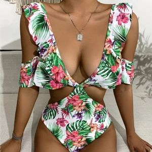 Floral tropical ruffle one piece swimsuit